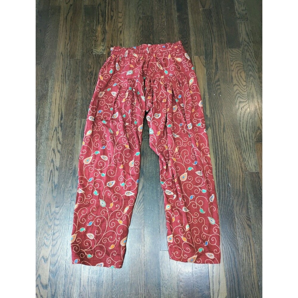 Harem Pants Womens 10/M Inseam 27" Dark Red Floral Pattern Elastic Waist Viscose